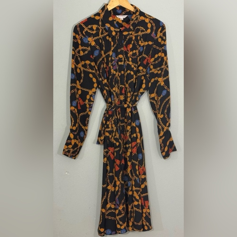 Nanette Lepore Chain Print Shirt Dress Sz 10 Long Sleeve Belted Midi